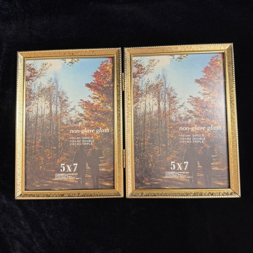 Vintage Gold Double Photo Frame 5x7 Bifold Tabletop Non-Glare Glass Retro